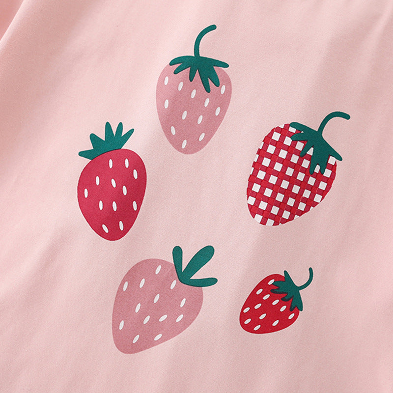 Summer Arrival Pink Strawberry Pattern Short Sleeves Cute Dress for Stylish Girls