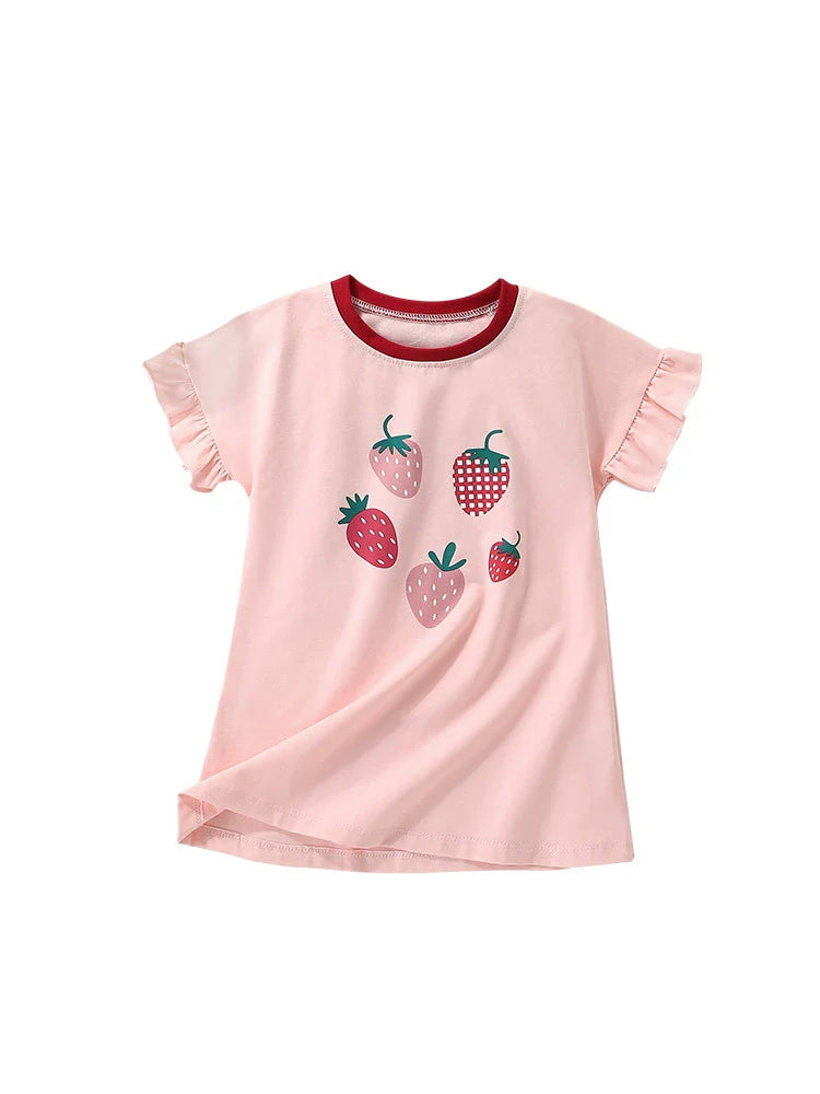 Summer Arrival Pink Strawberry Pattern Short Sleeves Cute Dress for Stylish Girls